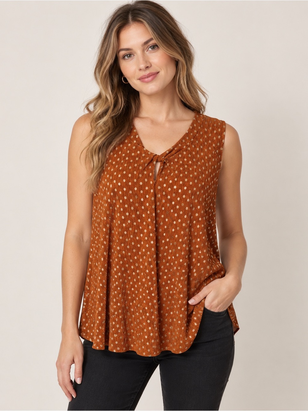 Rust + Gold Polka Dot Sleeveless Blouse – Size XL